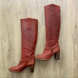 Barneys New York red leather high heel round toe pull-on boots